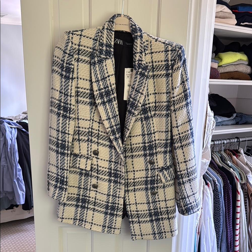 Zara White and Navy Plaid Tweed Blazer Jacket